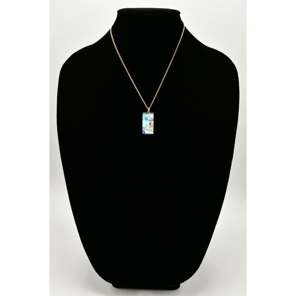 Artisan Handblown Glass Pendant Foil Blue Flower Rectangle Gold Tone Chain BinM - Picture 2 of 12